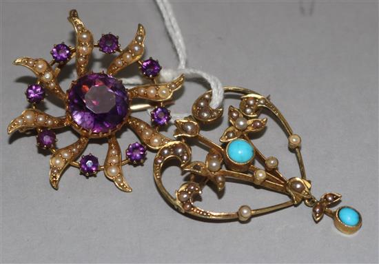 An Edwardian 15ct gold, turquoise and seed pearl heart shaped brooch and a yellow metal amethyst and seed pearl pendant brooch.